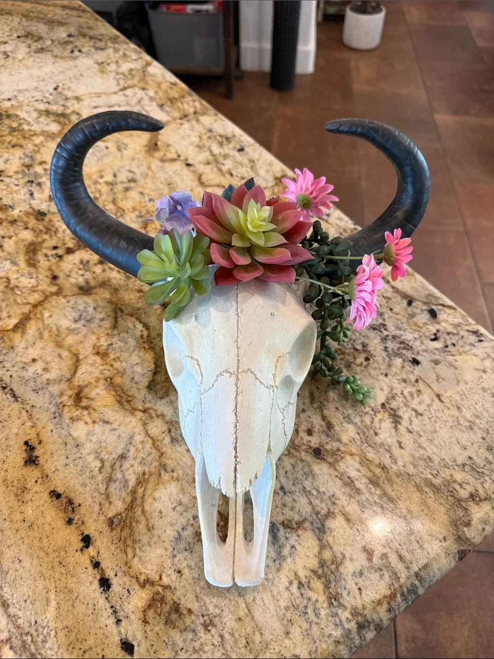Rustic Faux Bull Skull Wall Decor with Pink & Green Succulent Accents